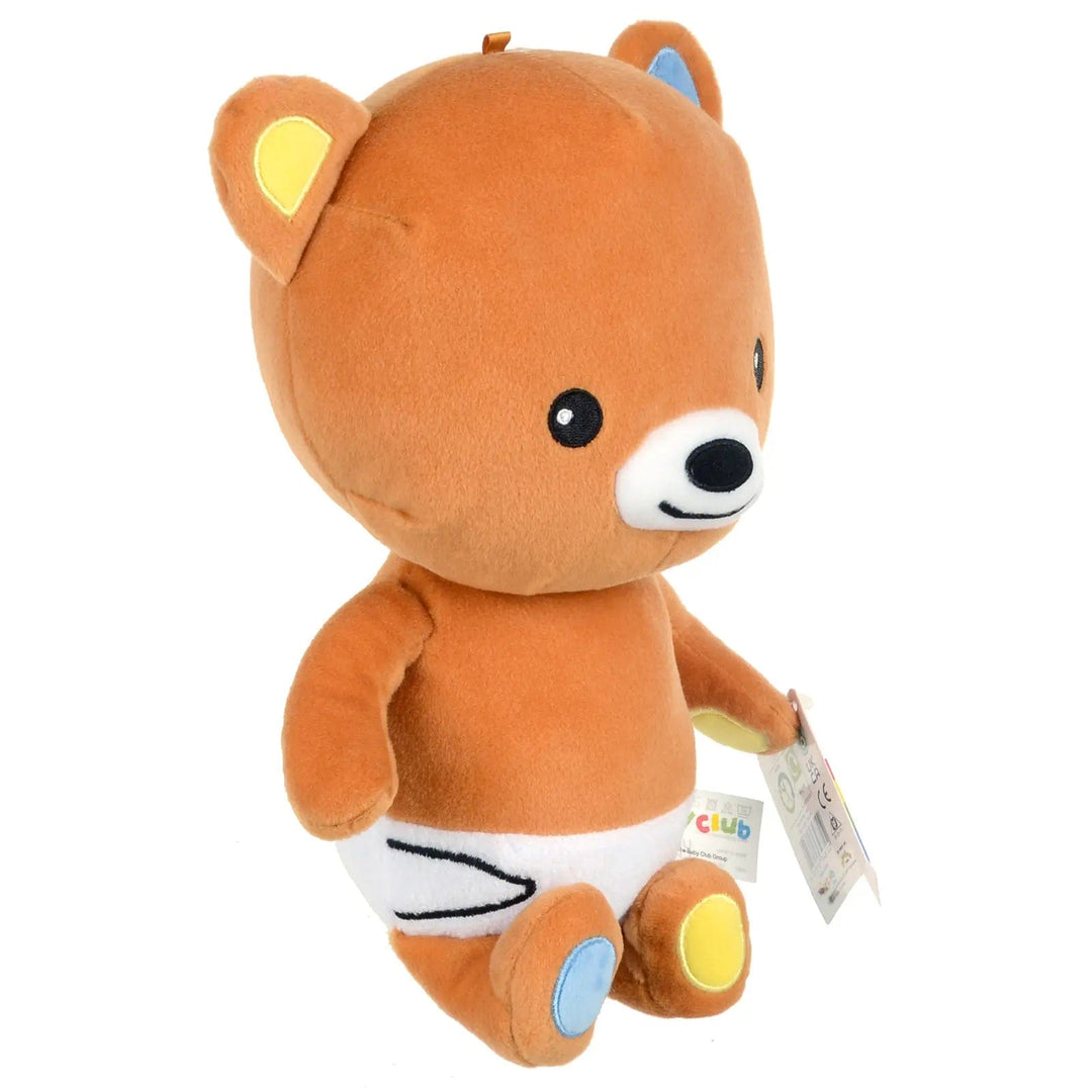 Side view of baby Club brown bear cub soft toy with nappy and embroidery detailing