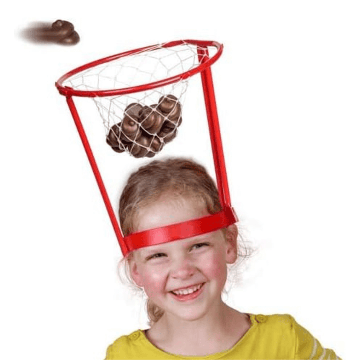 little girl wearing head band hoop filled with poops and another moving into the basket