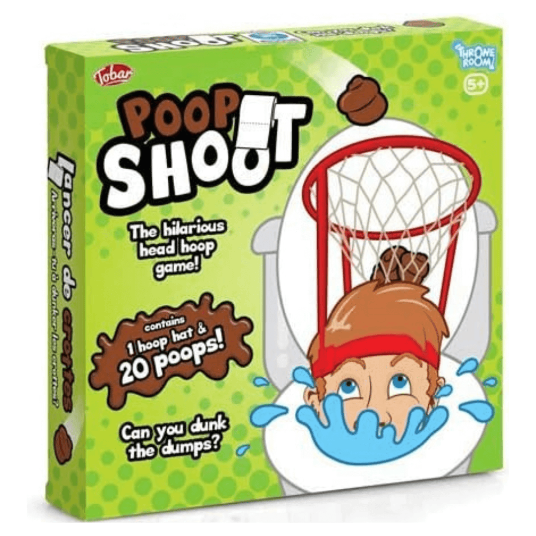 poop shoot game in green coloured cardboard box packaging