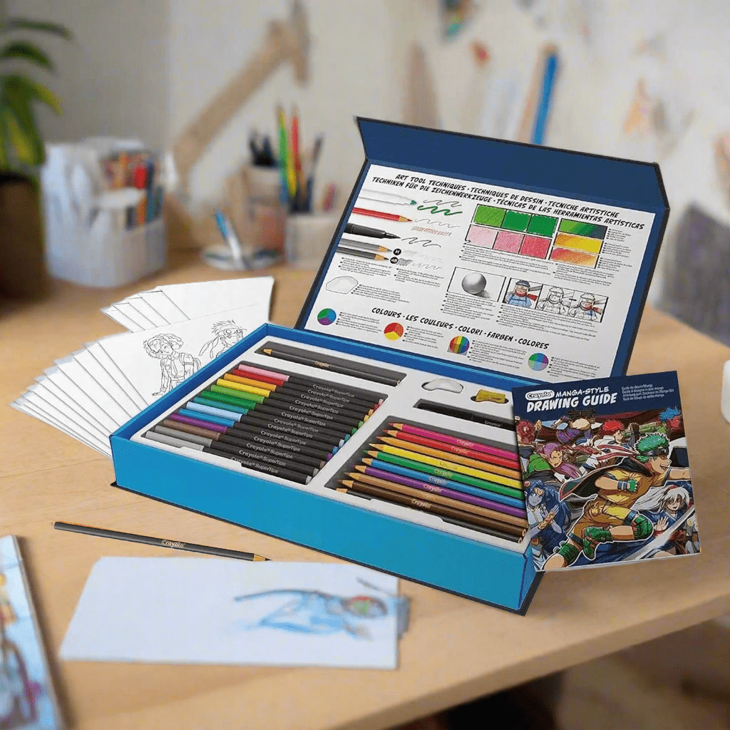 blue storage case filled with coloured pens, pencils, eraser, sharpener on a wooden desk in a kids room with artist stationery and plant pot in the background