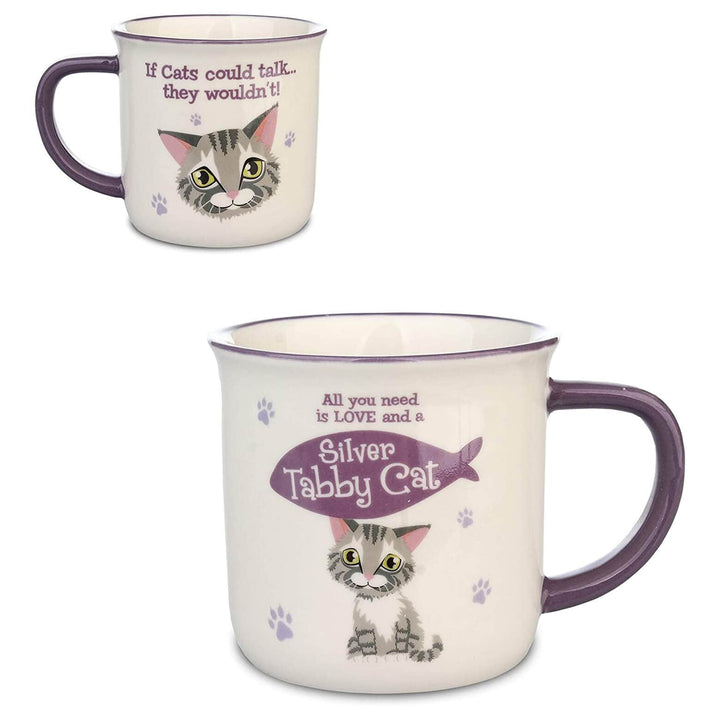 Wags & Whiskers Cat Mug Novelty Design Slogan White Stoneware Silver Tabby Cat