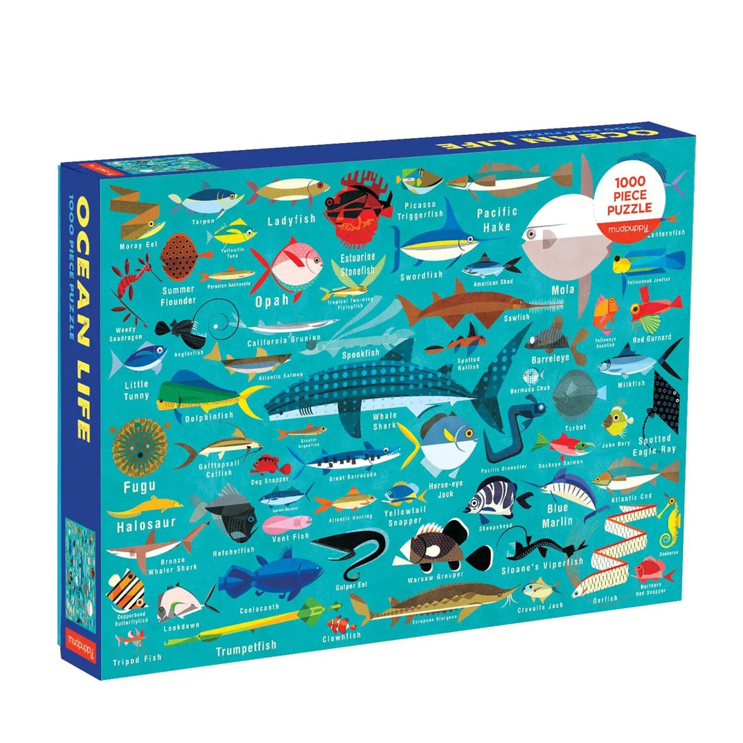 Ocean Life jigsaw puzzle with 1000 pieces and illustrations of fish, sharks and more sea creatures