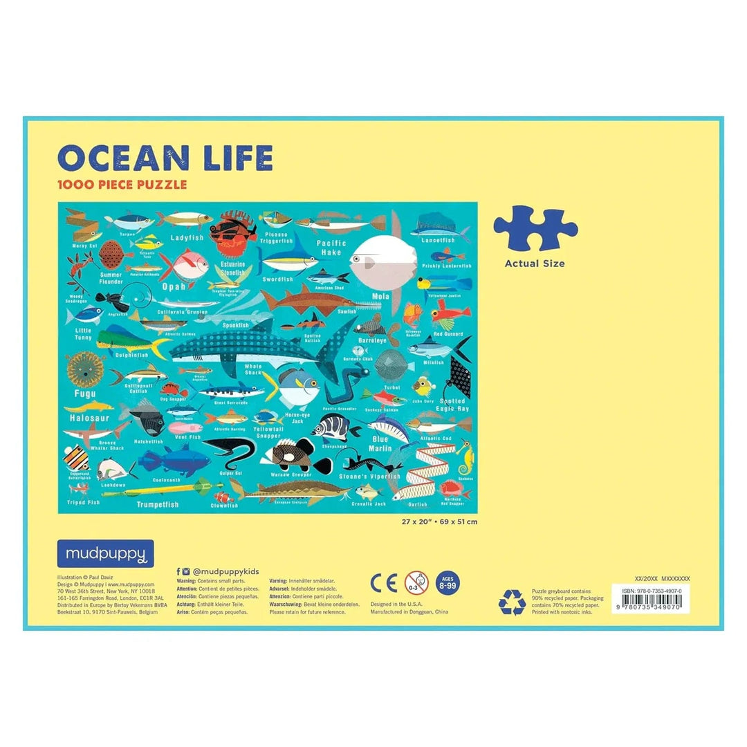 Back of the box of Ocean Life 1000 piece jigsaw puzzle from Mudpuppy