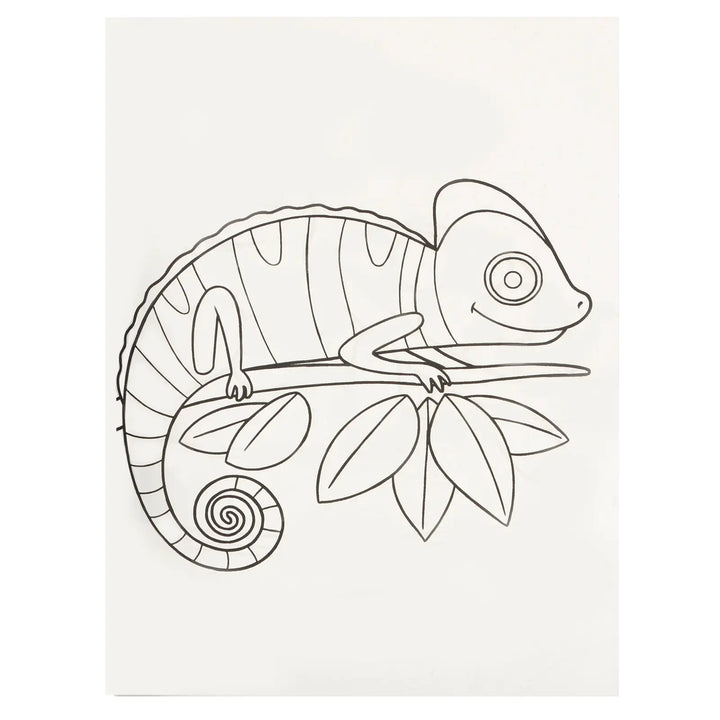 page from an animal colouring book showing a chameleon on a branch