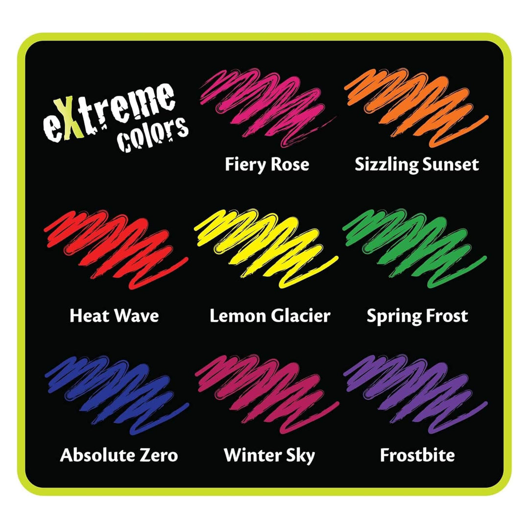 Colour swatches labeled with names on a black background, featuring the brand 'eXtreme colors'.