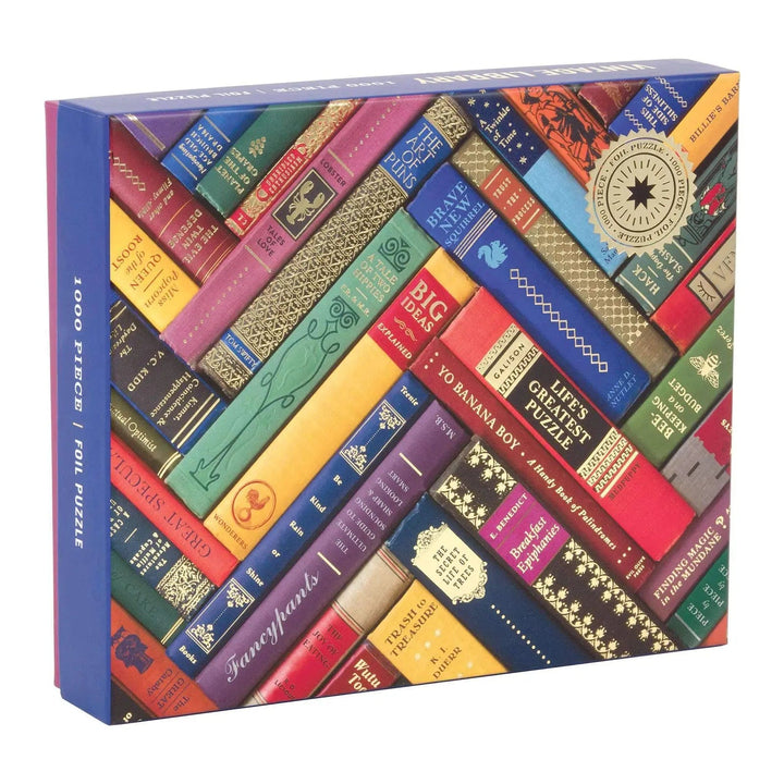 1000 piece jigsaw puzzle with image of vintage library book spines with foil detailing