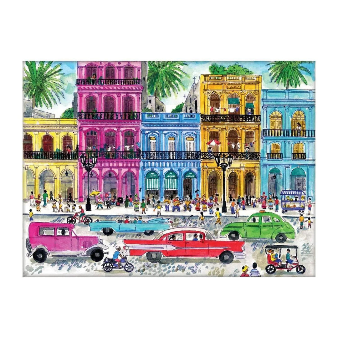 Colourful illustration of Havana buildings and cars in Cuba