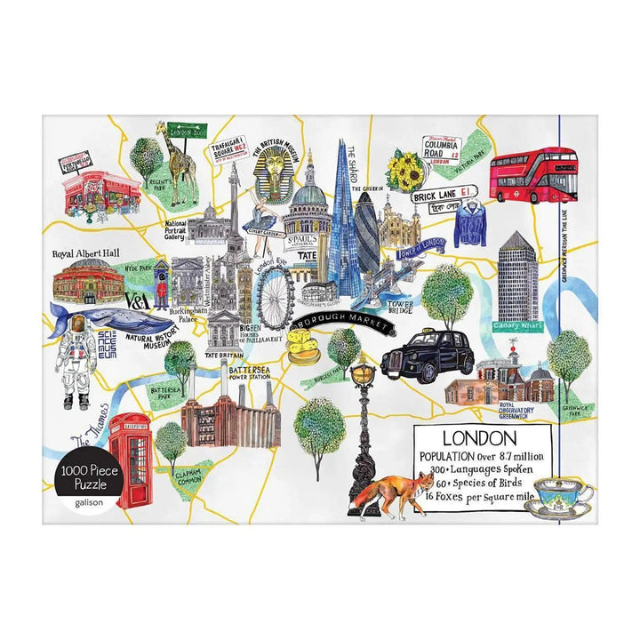 Illustrated map of london landmarks including red phone box, black cab and battersea power station