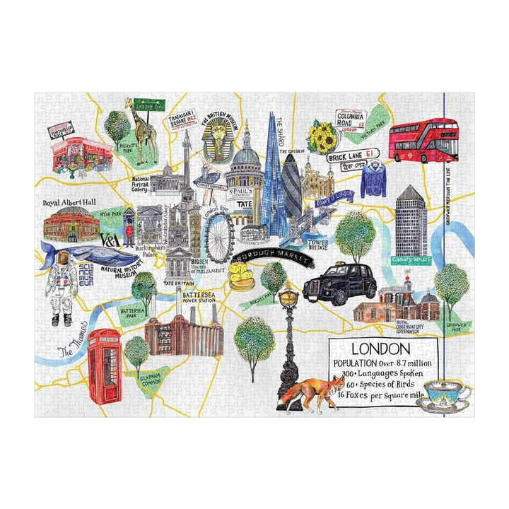 Illustrated map of London landmarks including Buckingham Palace