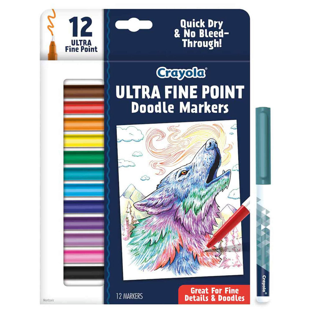 Crayola Ultra Fine Point Doodle Markers packaging with markers and illustration of a wolf.
