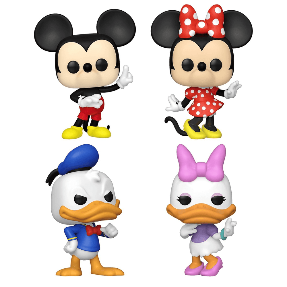 vinyl figures includes mickey mouse poiinting his finger, minnie mouse in a dancing pose, donald duck looking grumpy and daisy duck in a fun pose