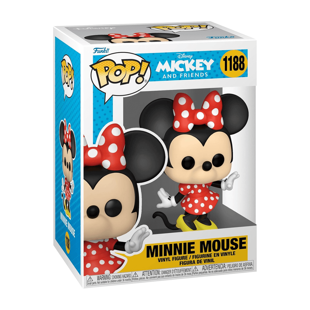 minnie mouse in box packaging featuring Funko Pop Logo, number 1188 with vinyl figure visible in transparent window to the front