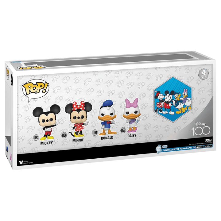 back view of box featuring 'Disney 100' all over pattern, with included character graphics and numbers for collectors reference 