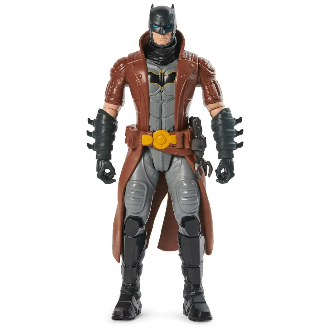 Batman action figure wearing a brown coat and grey bat suit