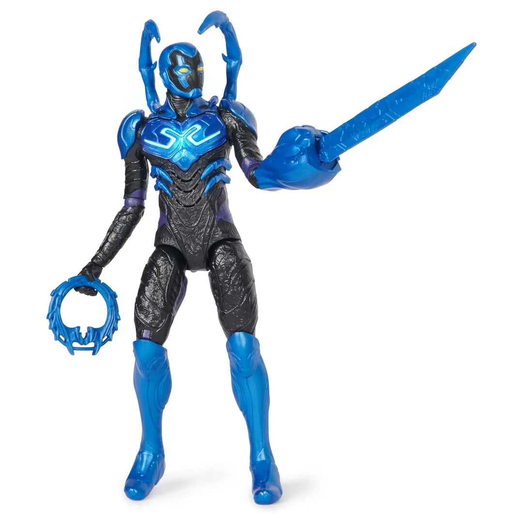 Blue beetle action figure posed with large sword weapon for play or display