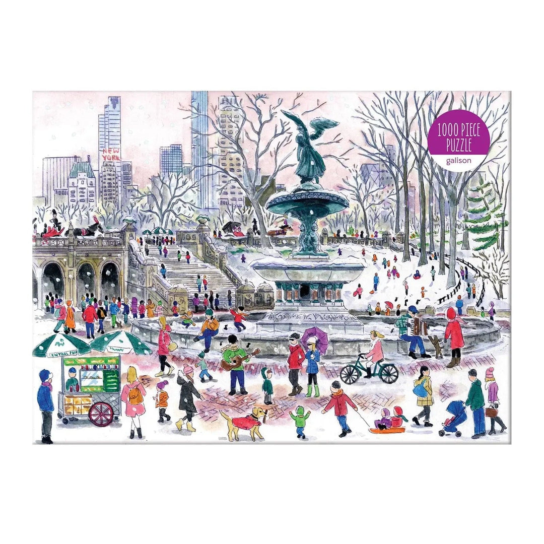 busy scene illustration of a fountain in new york with snow and lots of people