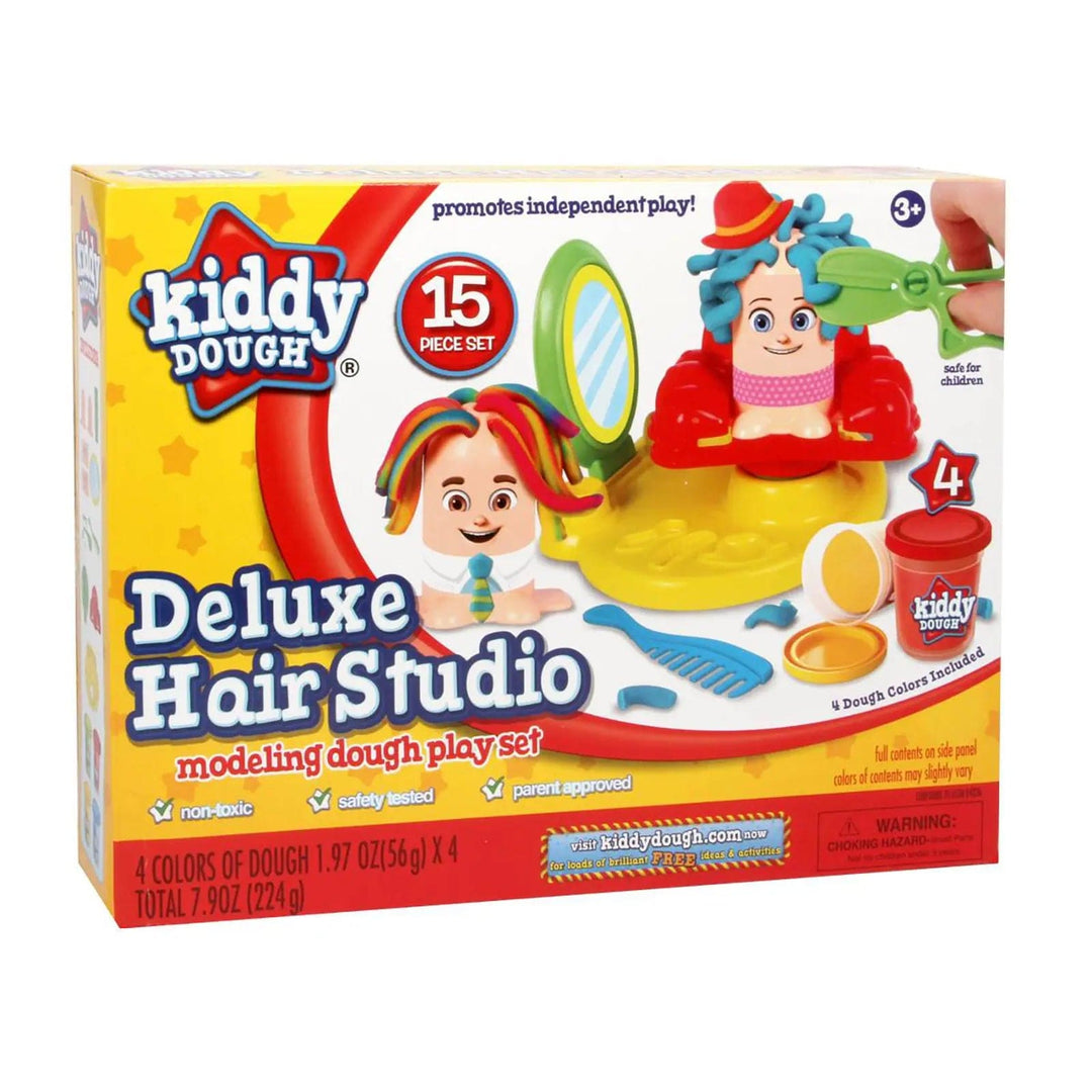 Box packaging for Kiddy Dough Deluxe Hair Studio with 4 tubs of modelling dough