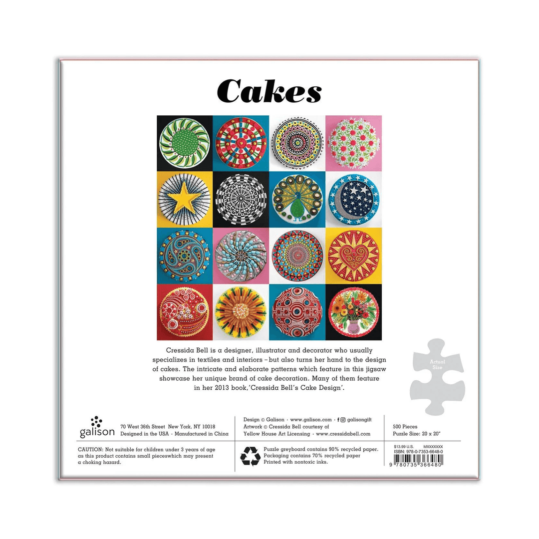 back view of cakes jigsaw box featuring information on the designer Cressida Bell