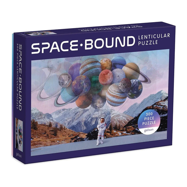 300 piece Space Bound lenticular jigsaw puzzle with image of planets and astronaut