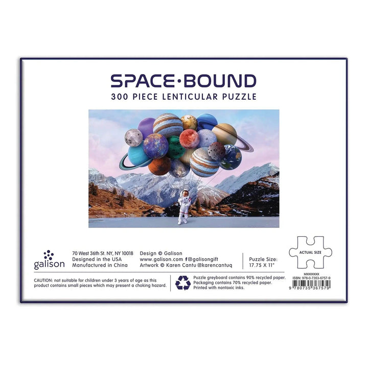 Back of the box of Space Bound 300 piece lenticlar puzzle with astronaut holding planet balloons