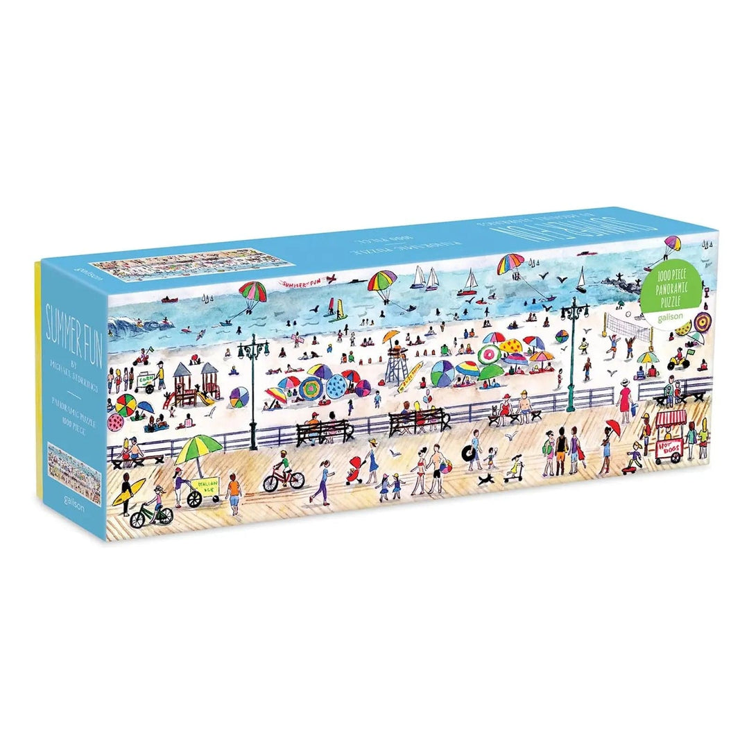 Panoramic 1000 piece jigsaw puzzle with a picture of a busy beach scene