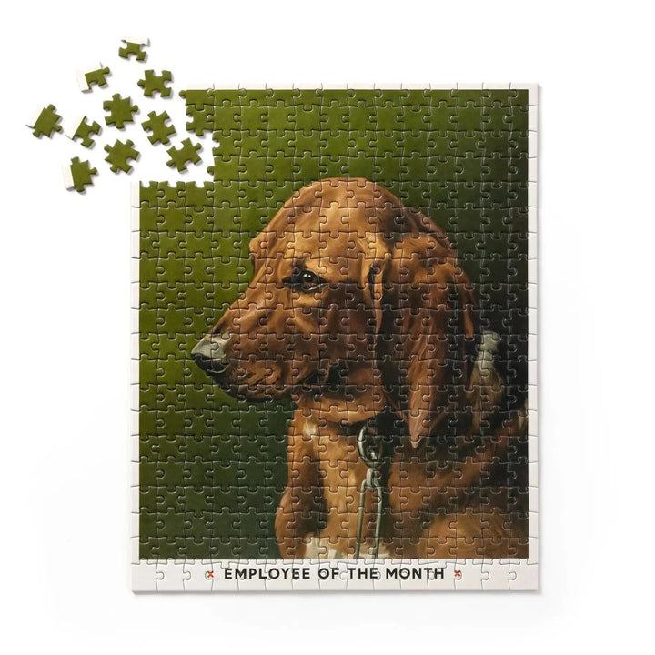 Vintage painting of a golden retriever dog on a jigsaw puzzle