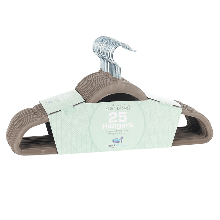 25 grey rich & velvety coat hangers in green coloured cardboard packaging