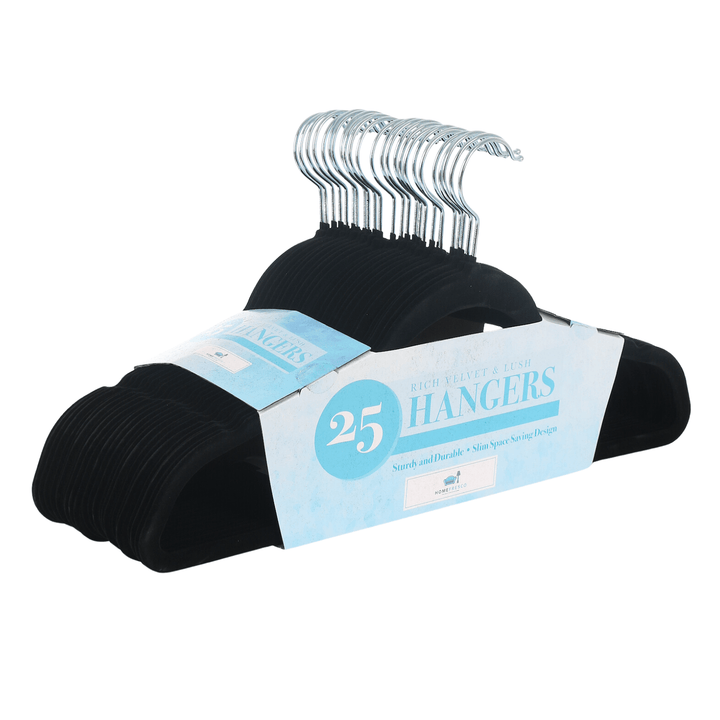 side view of 25 black velvet coat hangers