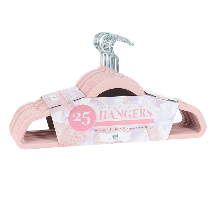 pack of 25 rich velvet &amp; lush coat hangers in purple and pink cardboard packaging