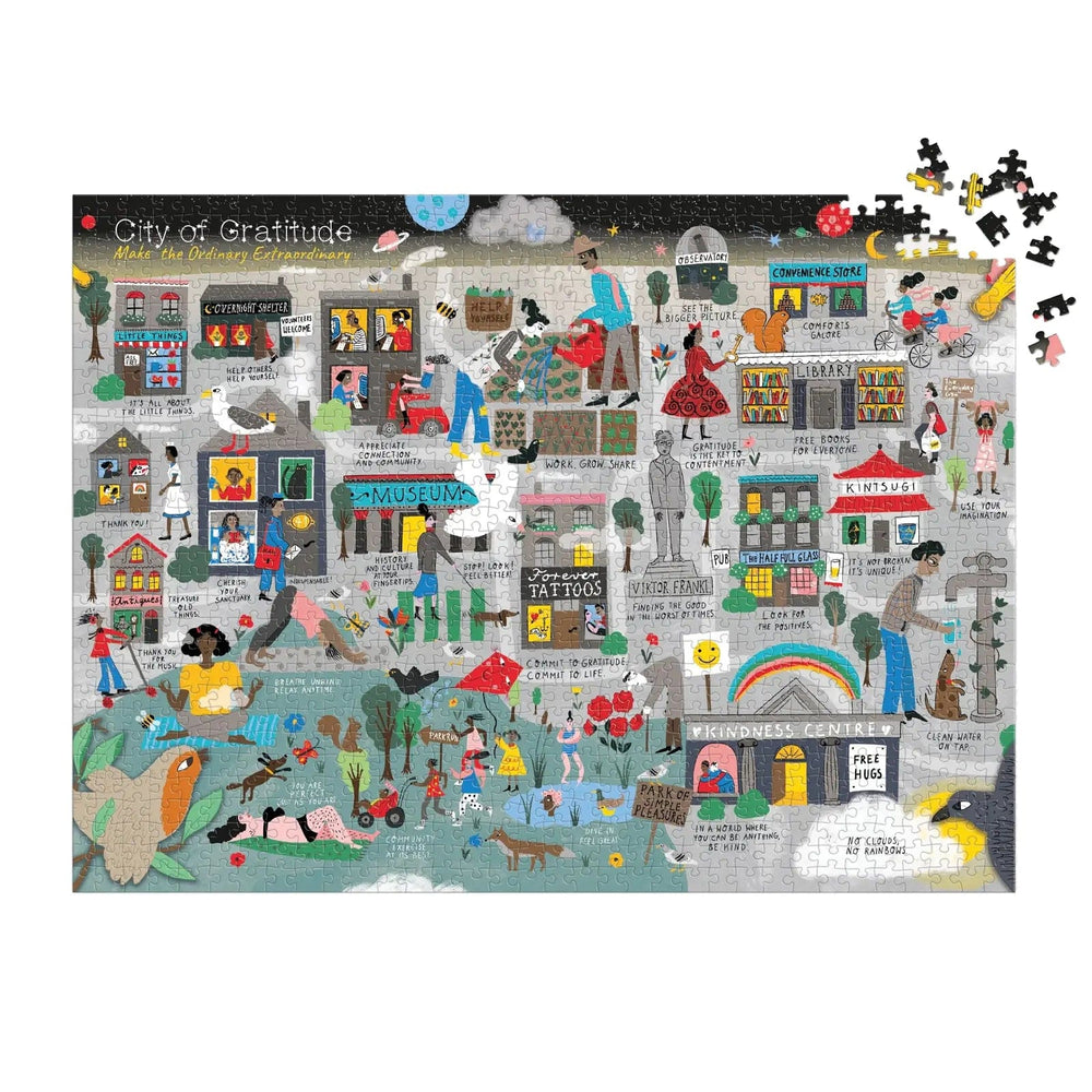 Almost complete jigsaw puzzle City of Gratitude illustration with mindful quotes