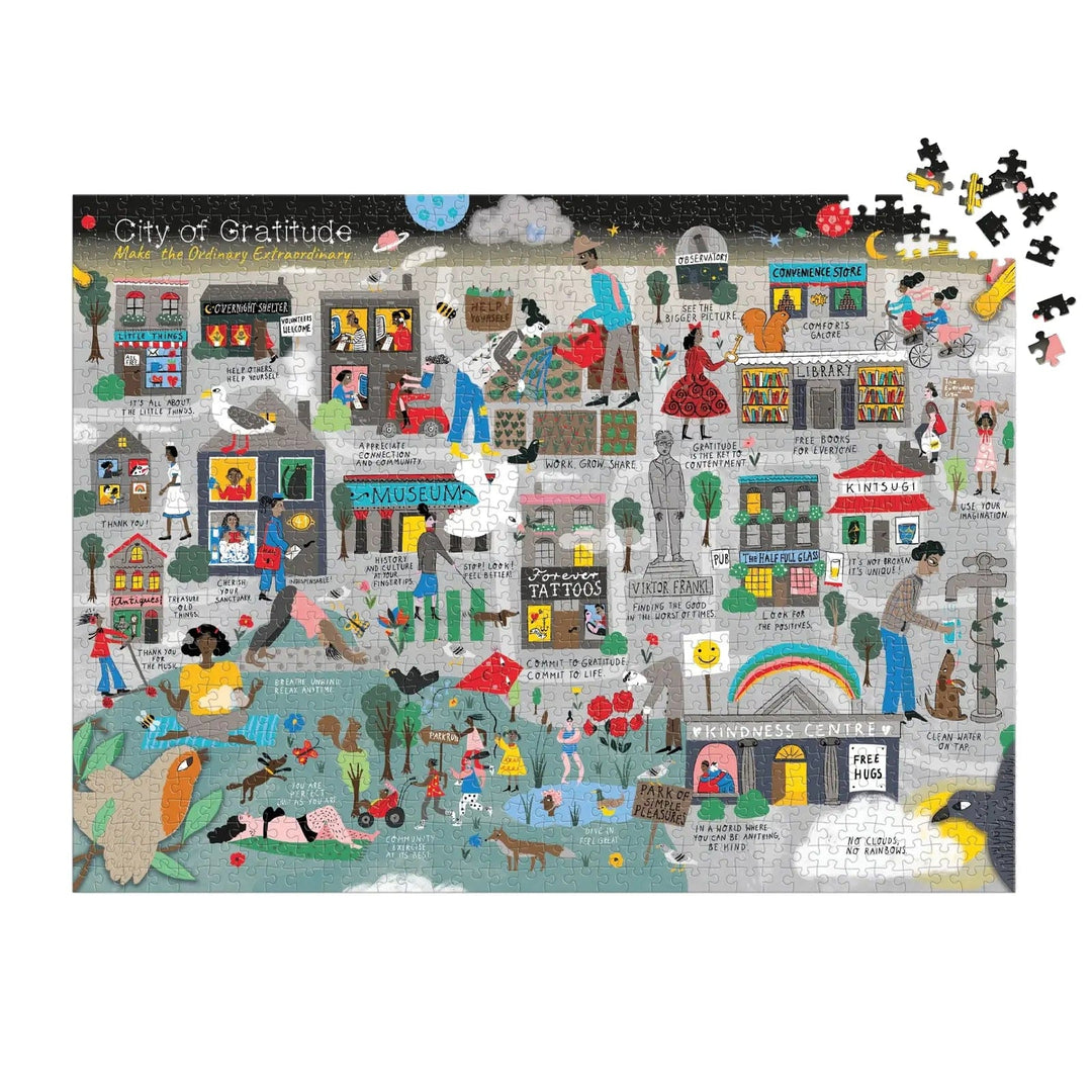 Almost complete jigsaw puzzle City of Gratitude illustration with mindful quotes