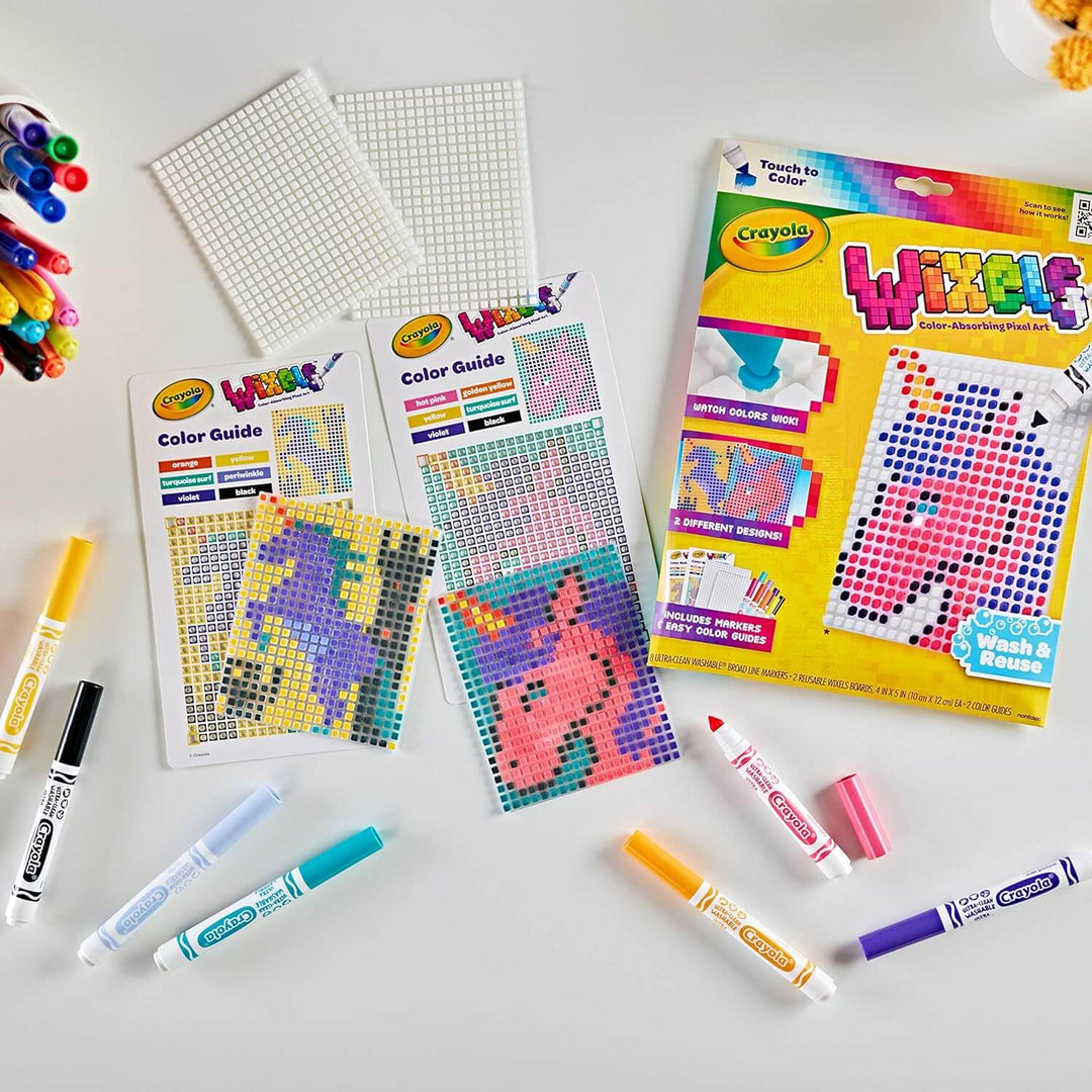 Contents of the box of Crayola Wixels colour absorbing pixel art kit