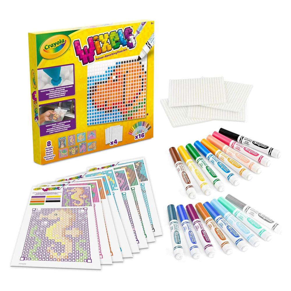 Contents of Crayola Wixels animal pixel art kit with 16 colour markers and 8 design guides