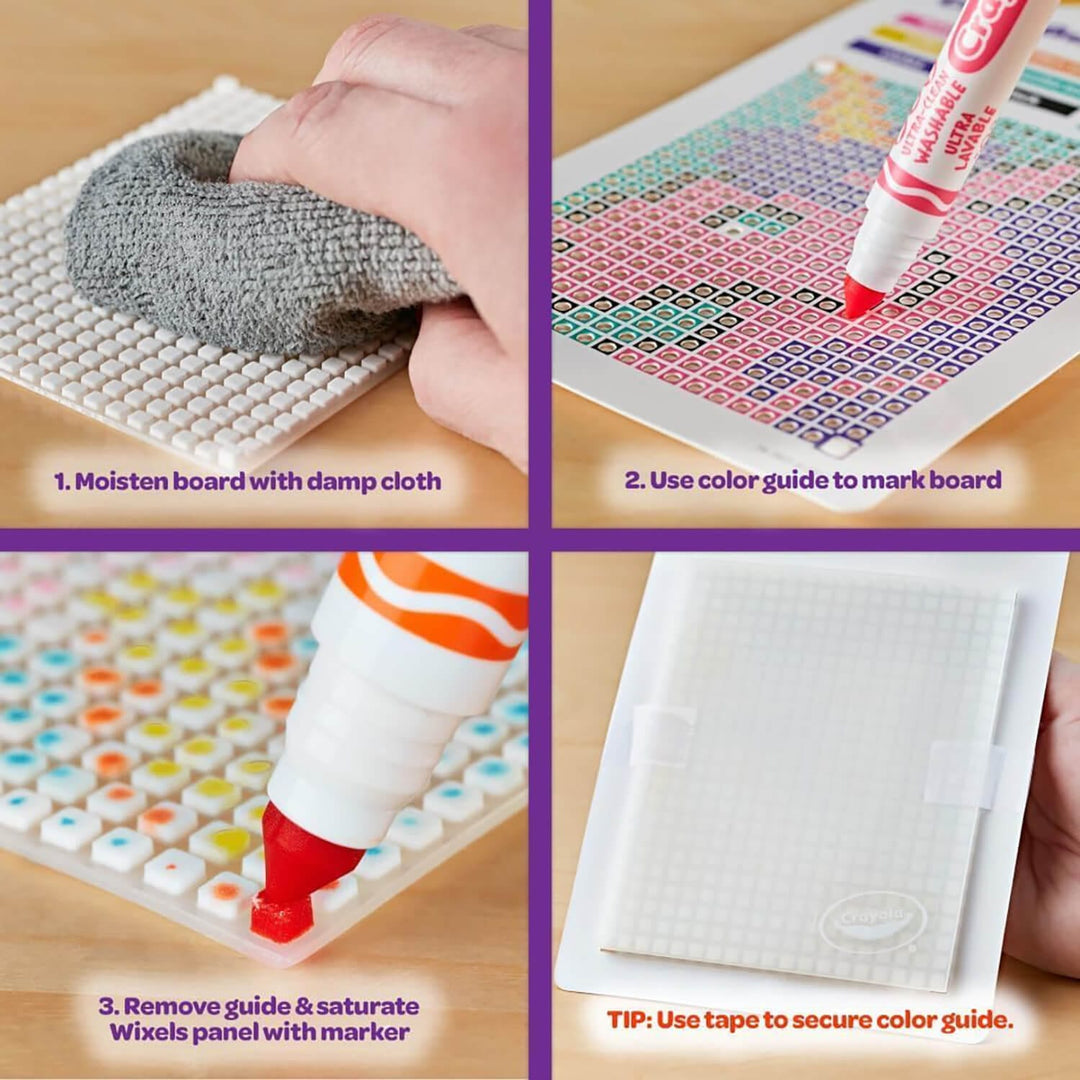 Step-by-step guide on using a Wixels panel with markers and a damp cloth.