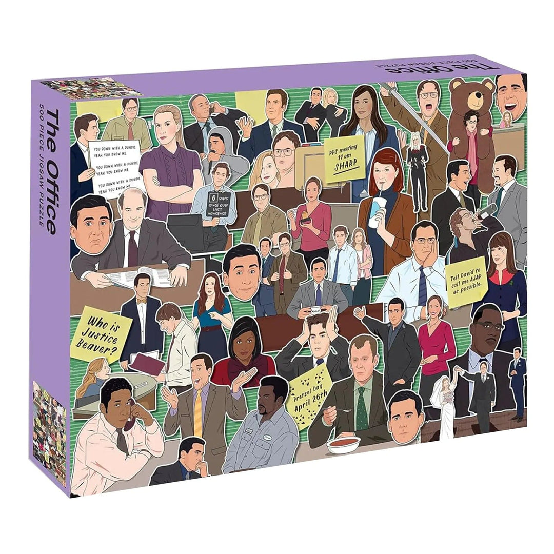 500 piece jigsaw puzzle with a cartoon collage of characters from The Office