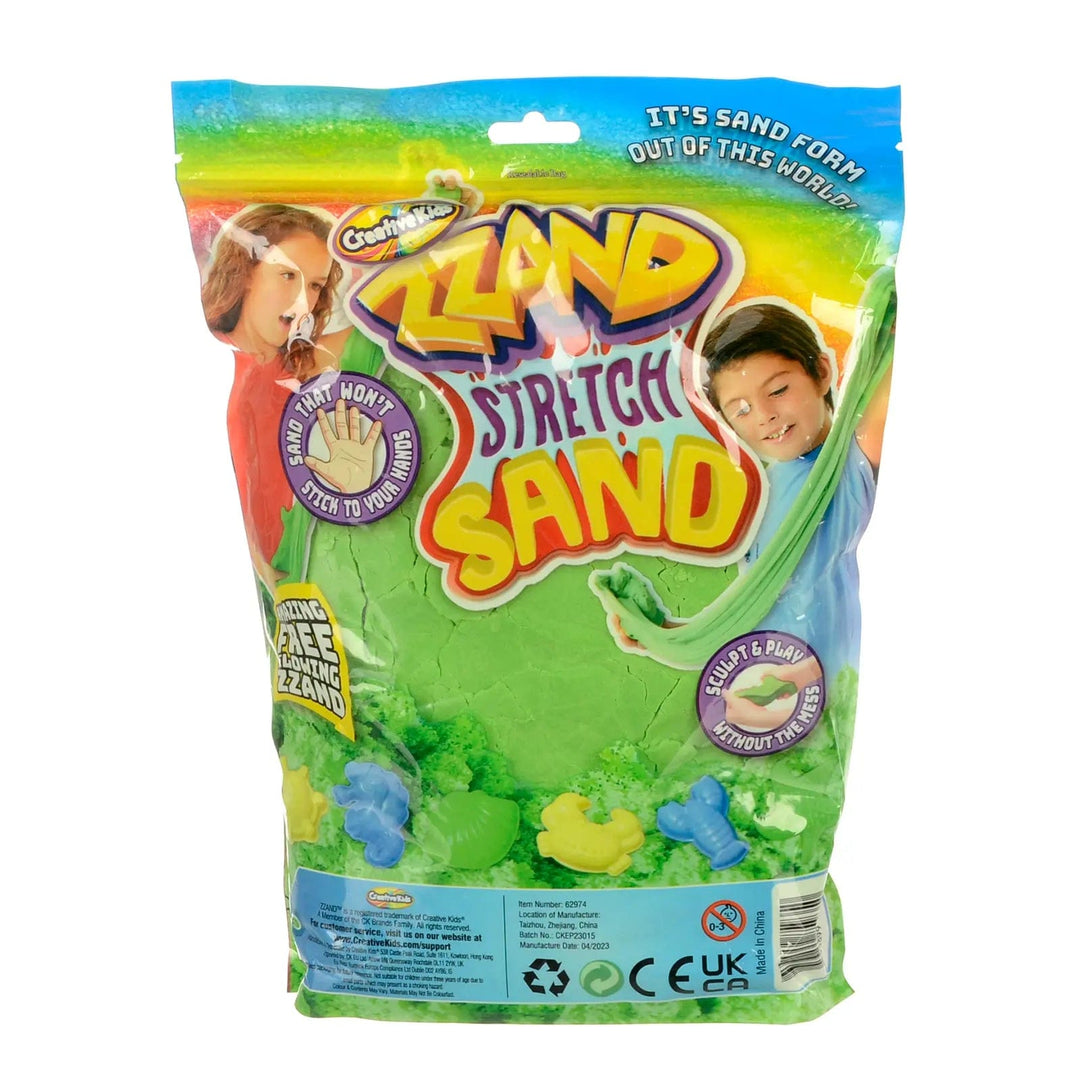 Back of a 3lb pack of green ZZAND stretch sand from Creative Kids