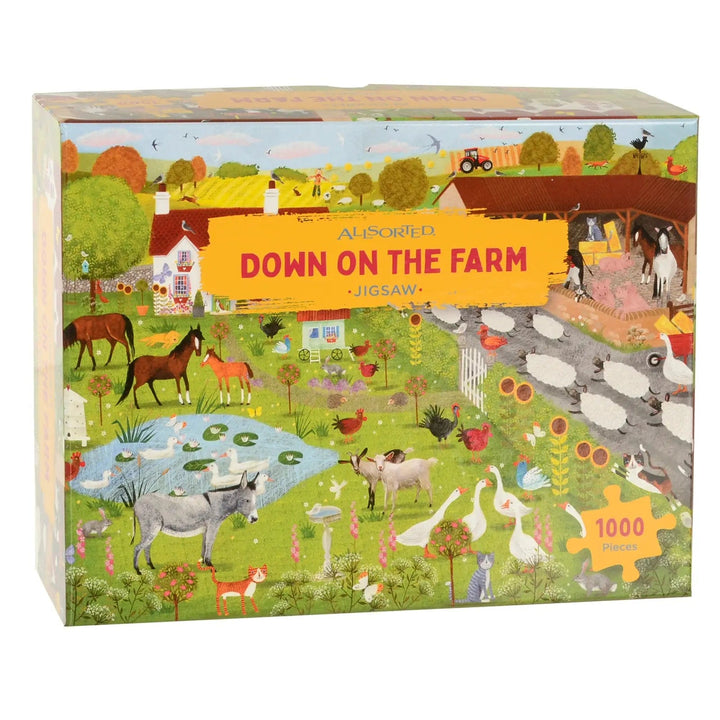 Down on the farm 1000 piece jigsaw puzzle with illustarted scene of animals