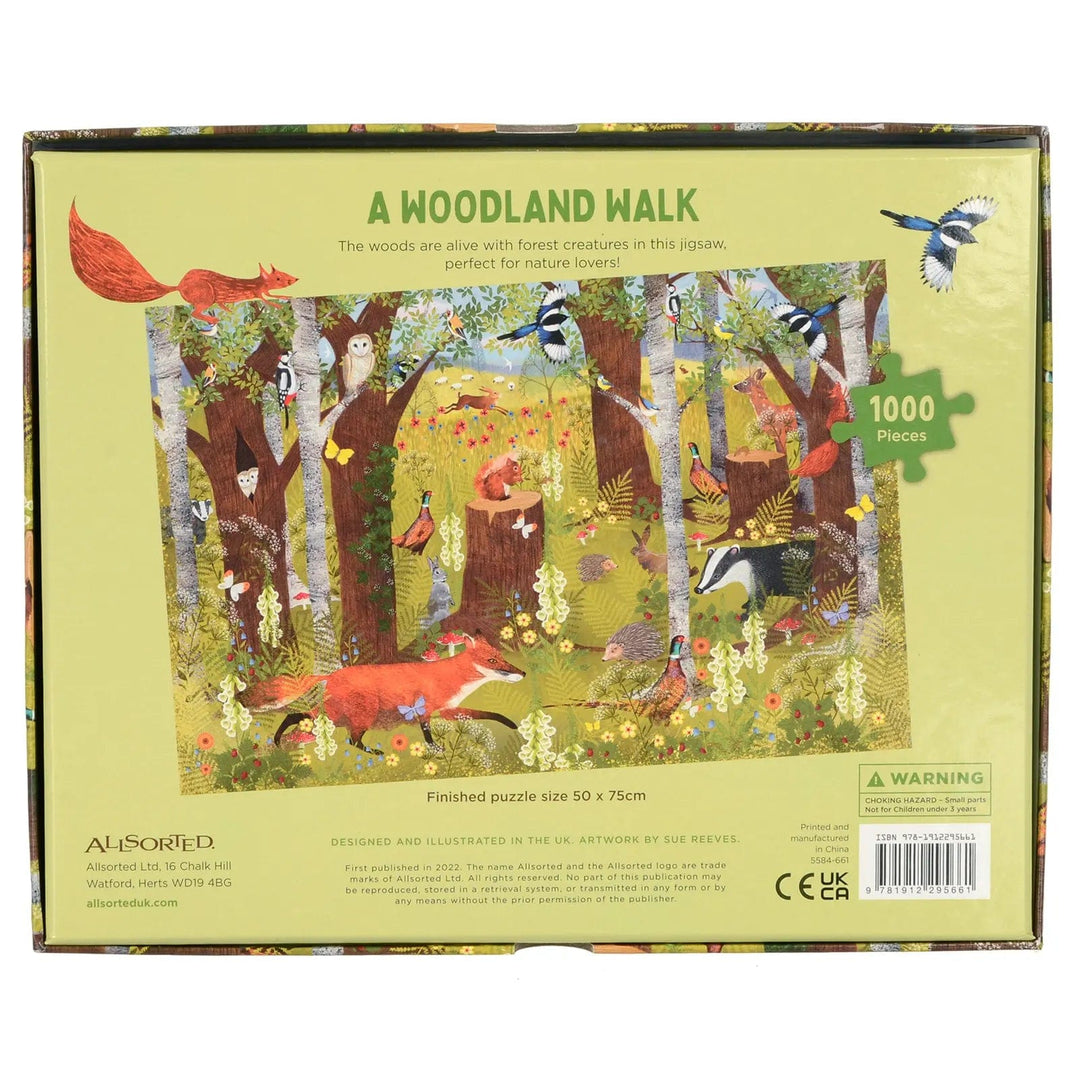 Back of the box of a woodland walk 1000 piece jigsaw puzzle with forest animals