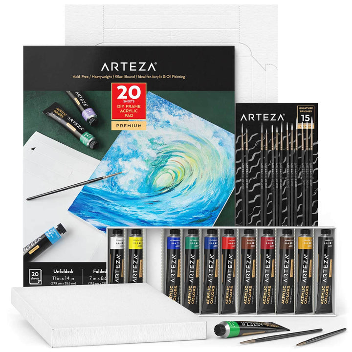 Arteza Instant Acrylic Painter Set Frame Sheets Paints Brushes