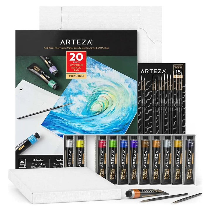 Arteza metallic acrylic painting set with paints, brushes and foldable paper