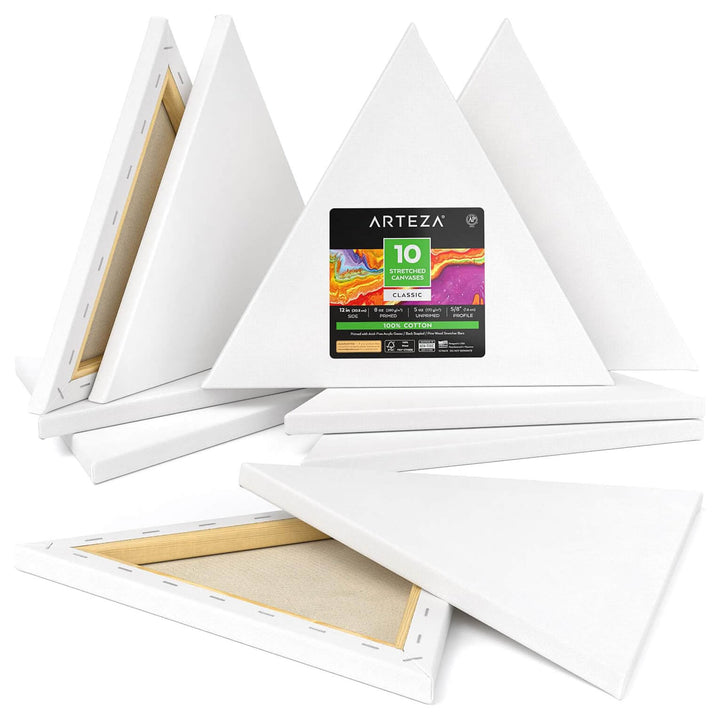 Arteza Classic Triangle Stretched Canvas Pack Gesso Primed White 12" (10)