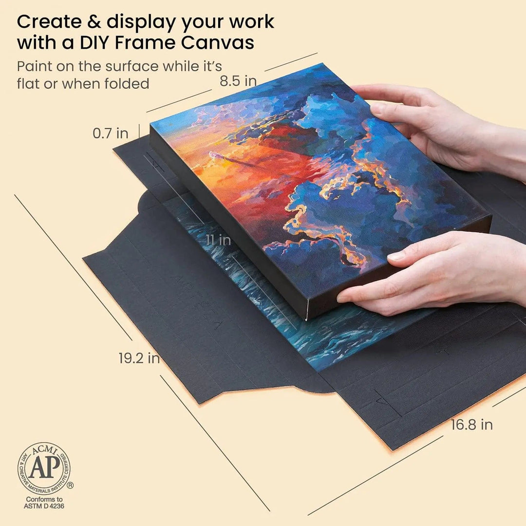 Hands holding a folded DIY frame canvas painting with measurements