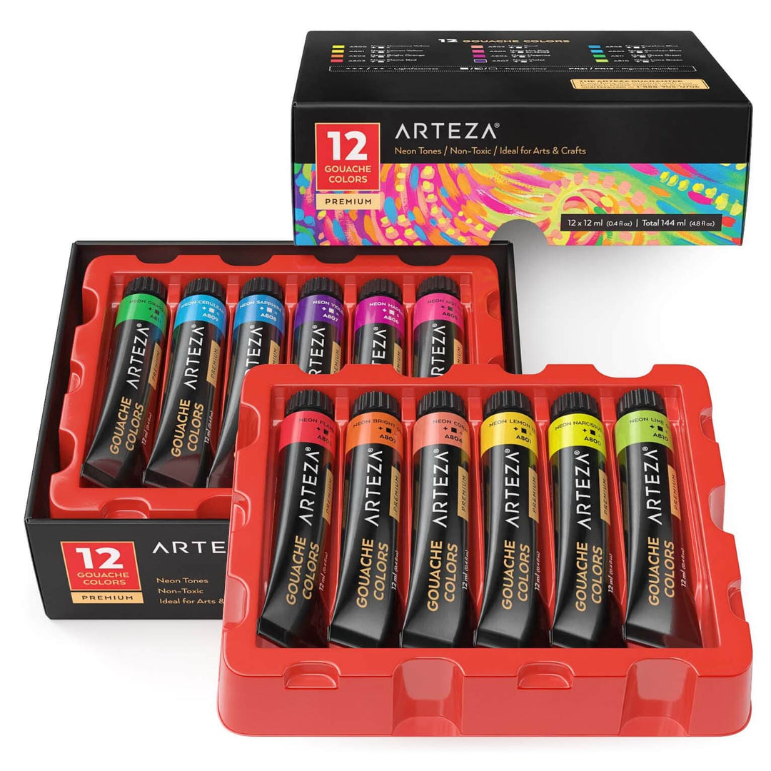 Arteza Set Of 12 Gouache Paint Tubes Premium Arts Crafts 12ml Neon