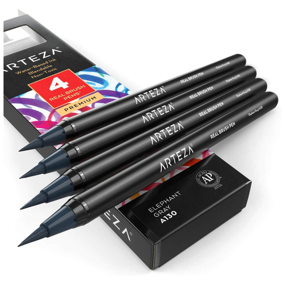 Arteza Pack Of 4 Real Brush Pens Water Based Ink Elephant Gray