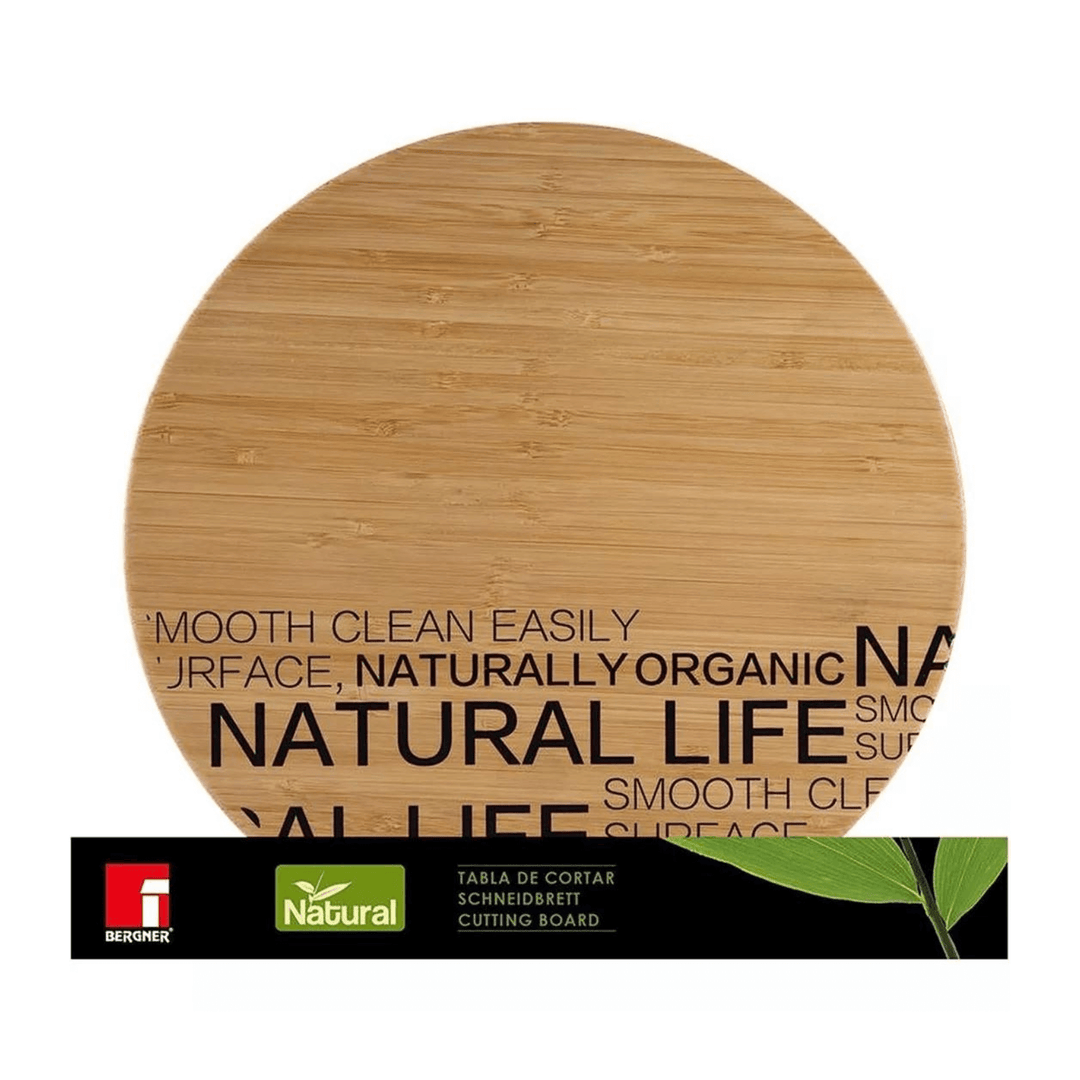 round cutting board in black cardboard packaging with Bergner logo