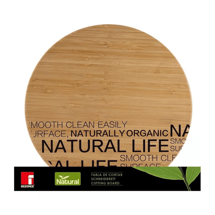 round cutting board in black cardboard packaging with Bergner logo