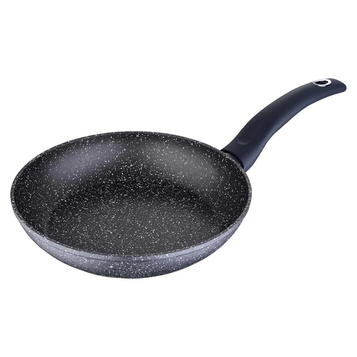 Black frying pan with marble effect non-stick coating and chrome inset hanging hole on the handle