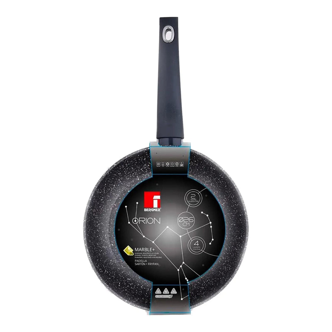 Top view of the Bergner Orion frying pan with black marble effect non-stick coating