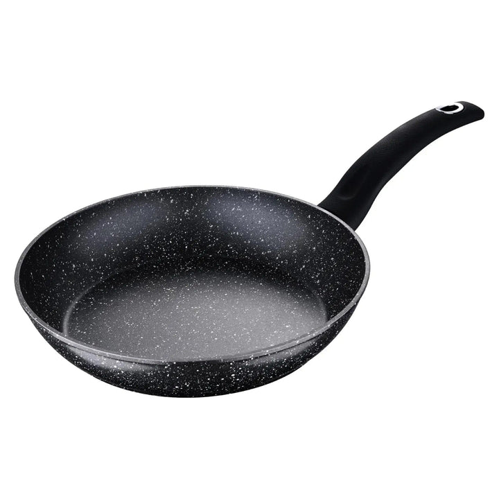 Large black frying pan with marble effect non-stick coating and chrome inset hanging hole on the handle