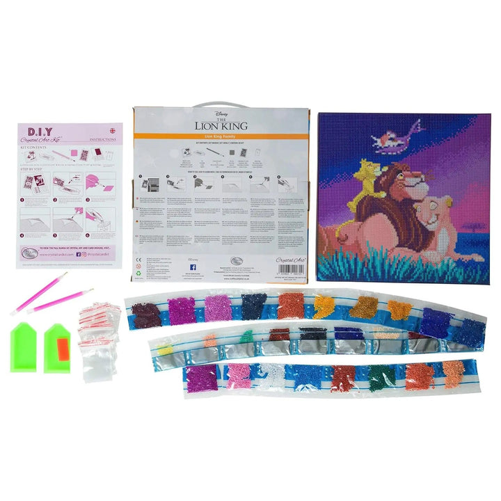 Contents of the box of The Lion King DIY Crystal Art Kit